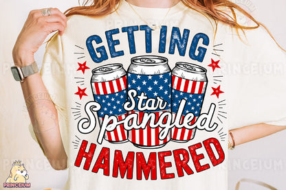 a woman wearing a t - shirt that says getting star - spangled hammered