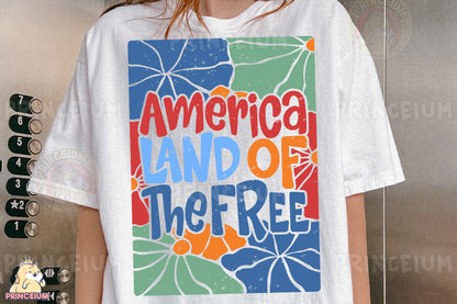 a woman wearing a white t - shirt with the words america land of the free