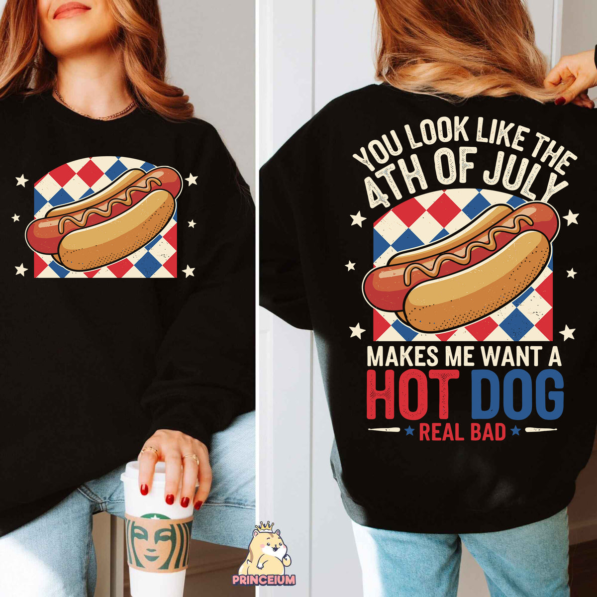 a woman wearing a black sweatshirt with a hot dog on it