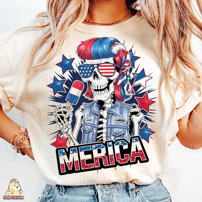 a woman wearing a t - shirt with an american skull on it