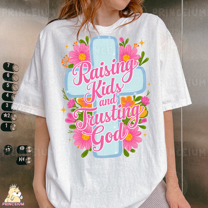 a woman wearing a t - shirt that says raising kids and fostering god