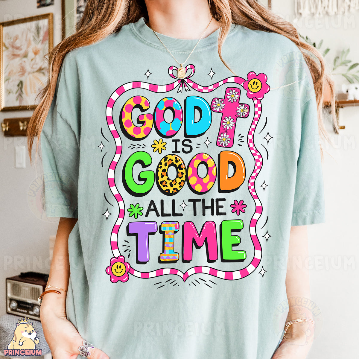 a woman wearing a t - shirt that says god is good all the time