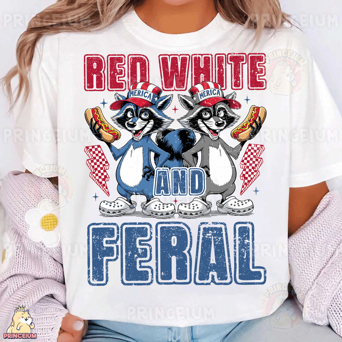 a woman wearing a red white and blue shirt