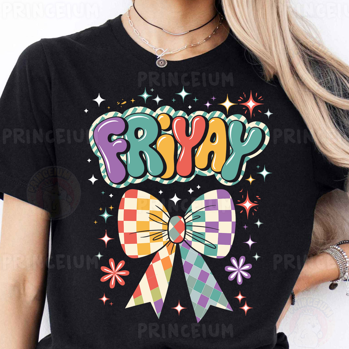 a woman wearing a black t - shirt with the words friyap on it