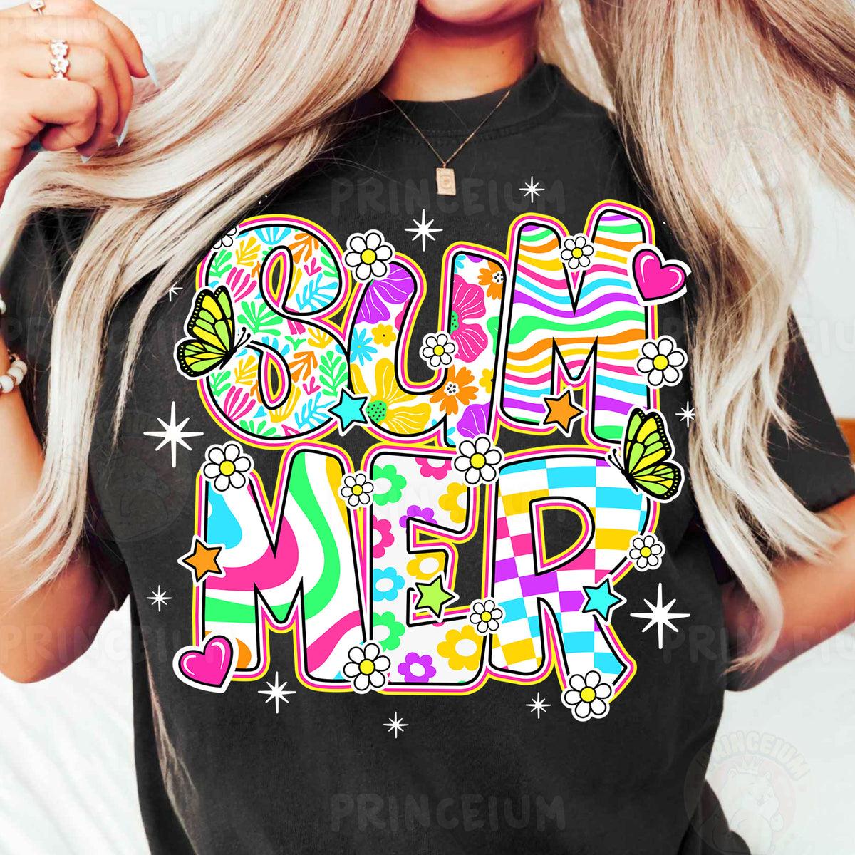 a woman wearing a black t - shirt with the word love me in colorful letters