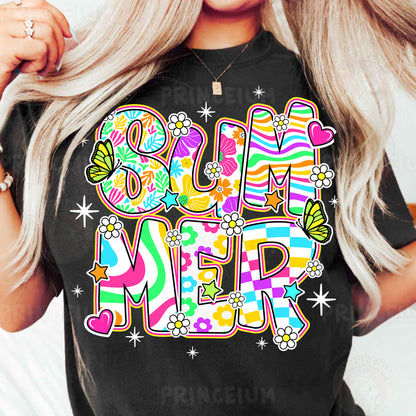 a woman wearing a black t - shirt with the word love me in colorful letters