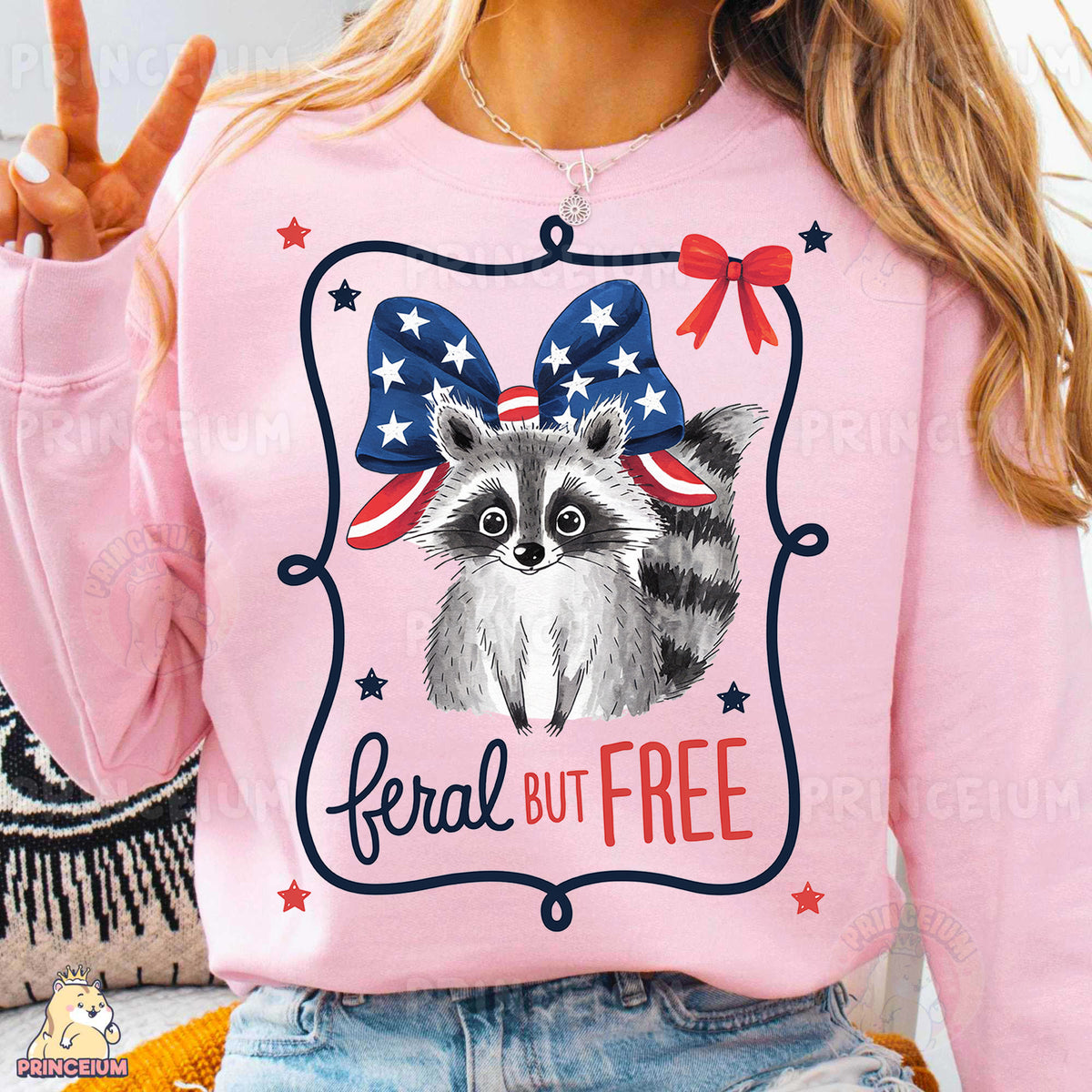 a woman wearing a pink shirt with a raccoon on it