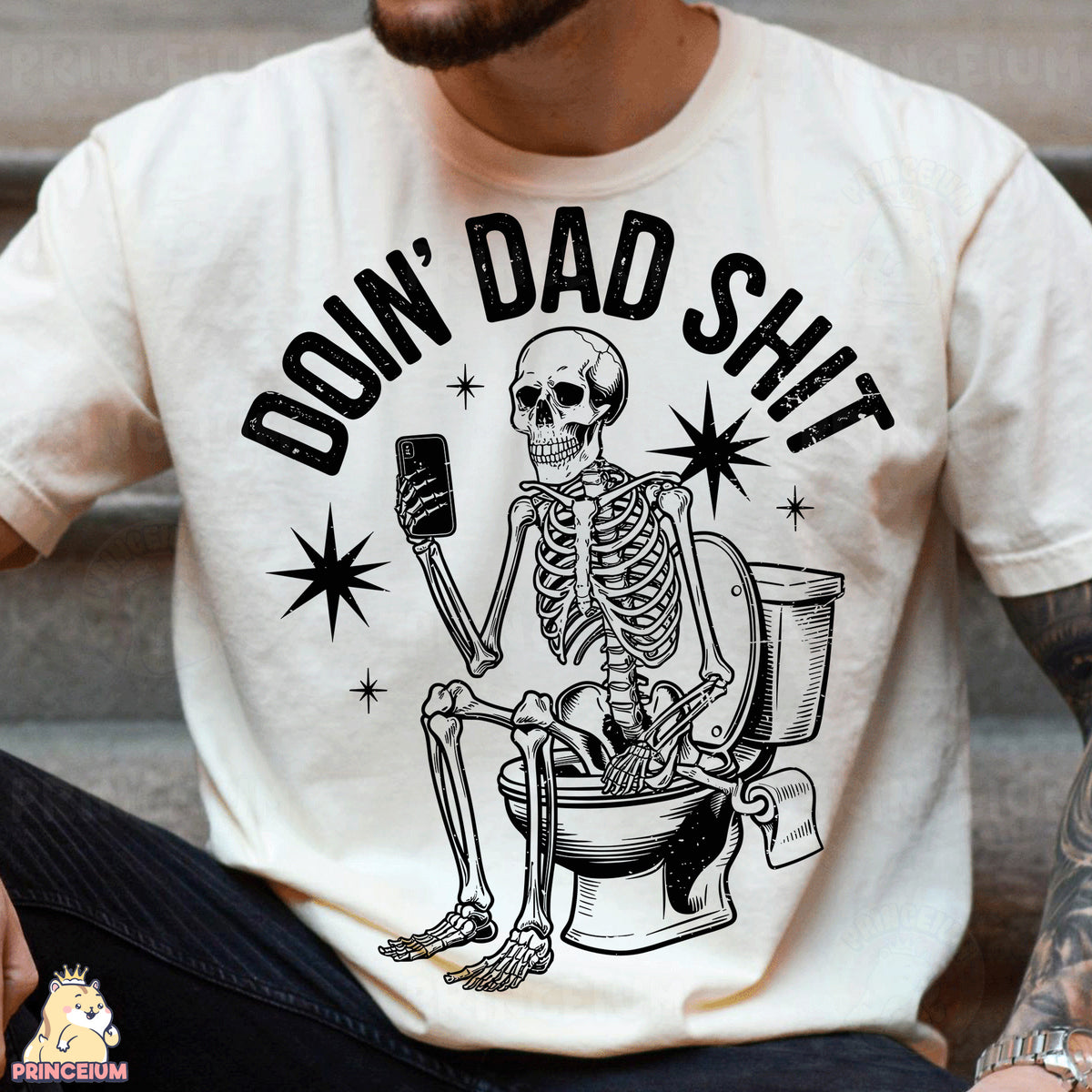 a man wearing a white shirt with a skeleton sitting on a toilet