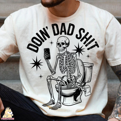 a man wearing a white shirt with a skeleton sitting on a toilet