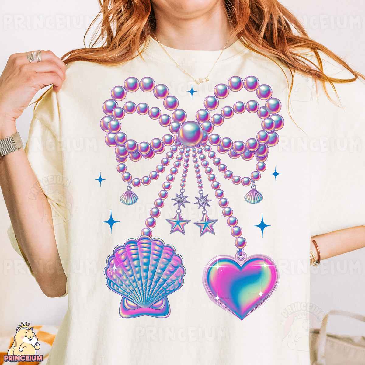 a woman wearing a t - shirt with pearls and hearts on it