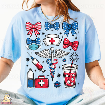 a woman wearing a t - shirt with medical symbols on it