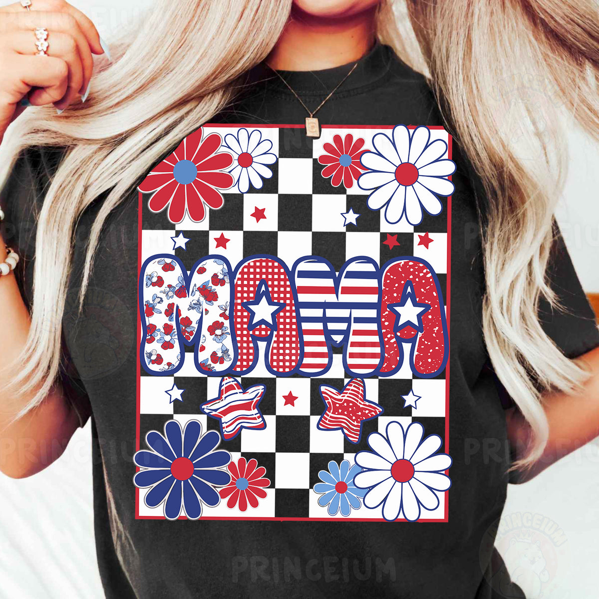 a woman wearing a black t - shirt with red, white, and blue flowers