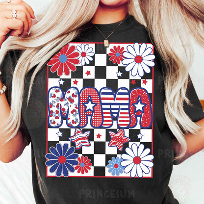 a woman wearing a black t - shirt with red, white, and blue flowers