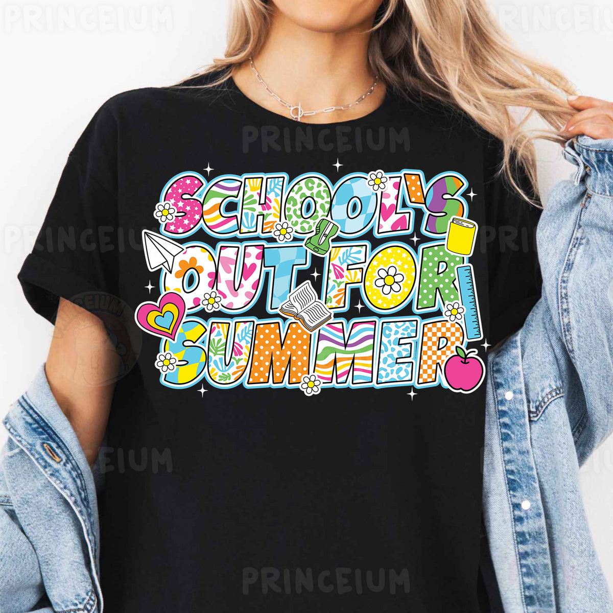 a woman wearing a black shirt that says school is out for summer