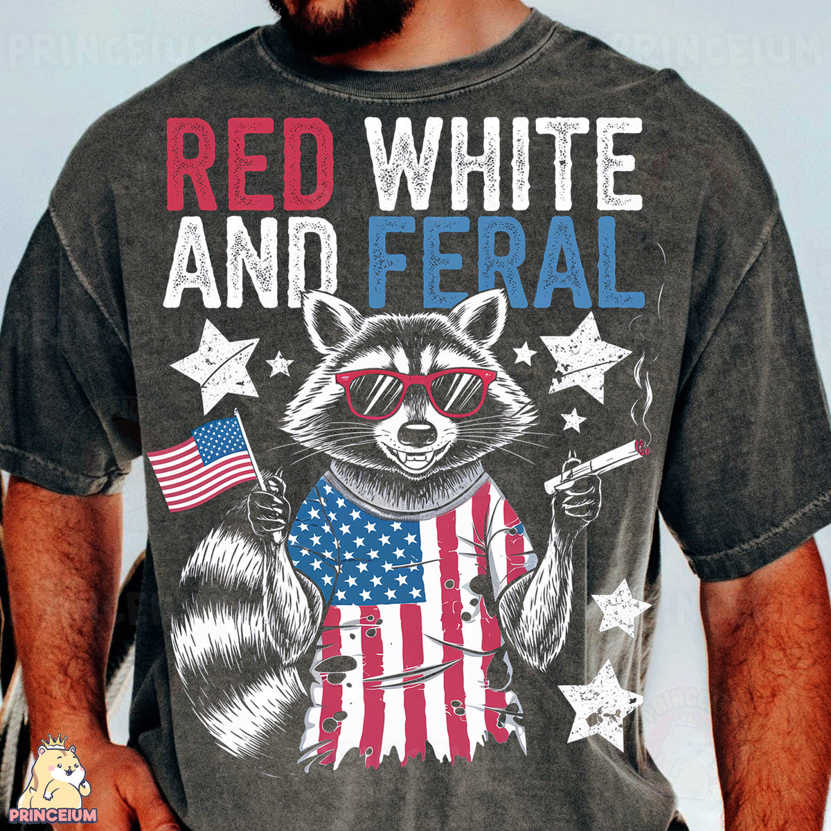 a man wearing a shirt with a raccoon and american flag on it