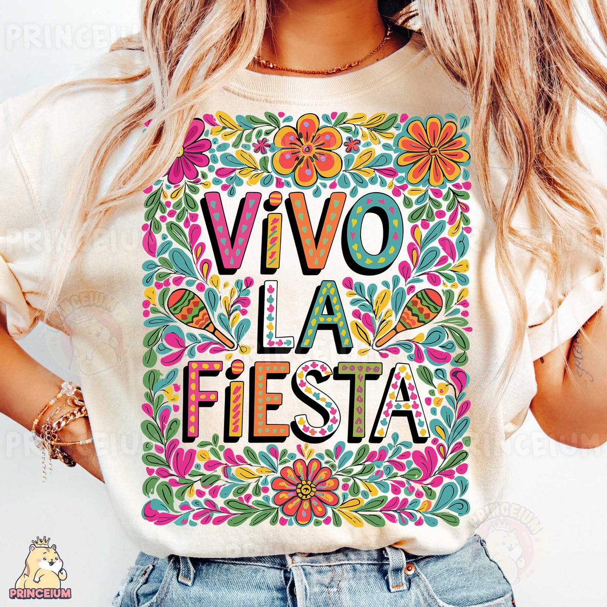 a woman wearing a t - shirt that reads vivo la fiesta fiesta