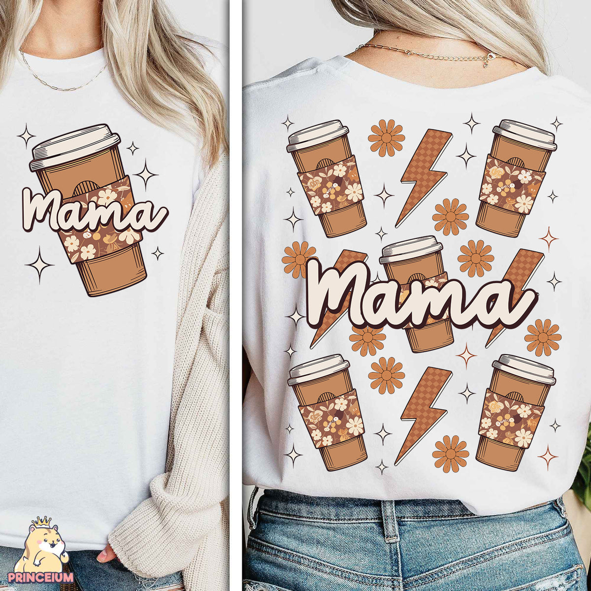 a woman wearing a white shirt with a picture of a cup of coffee on it