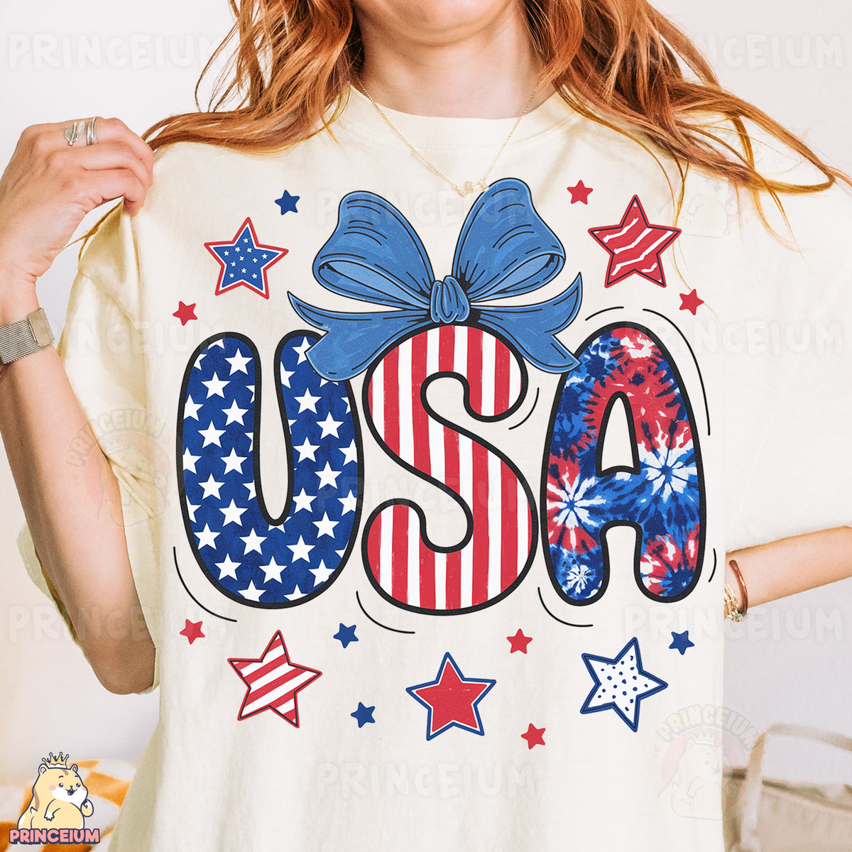 a woman wearing a usa t - shirt with a bow