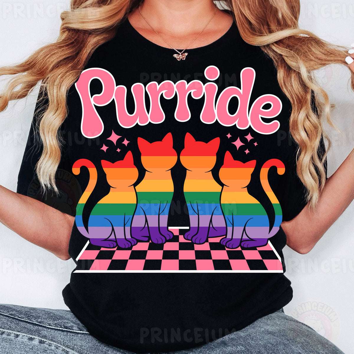 a woman wearing a black shirt that says purrde