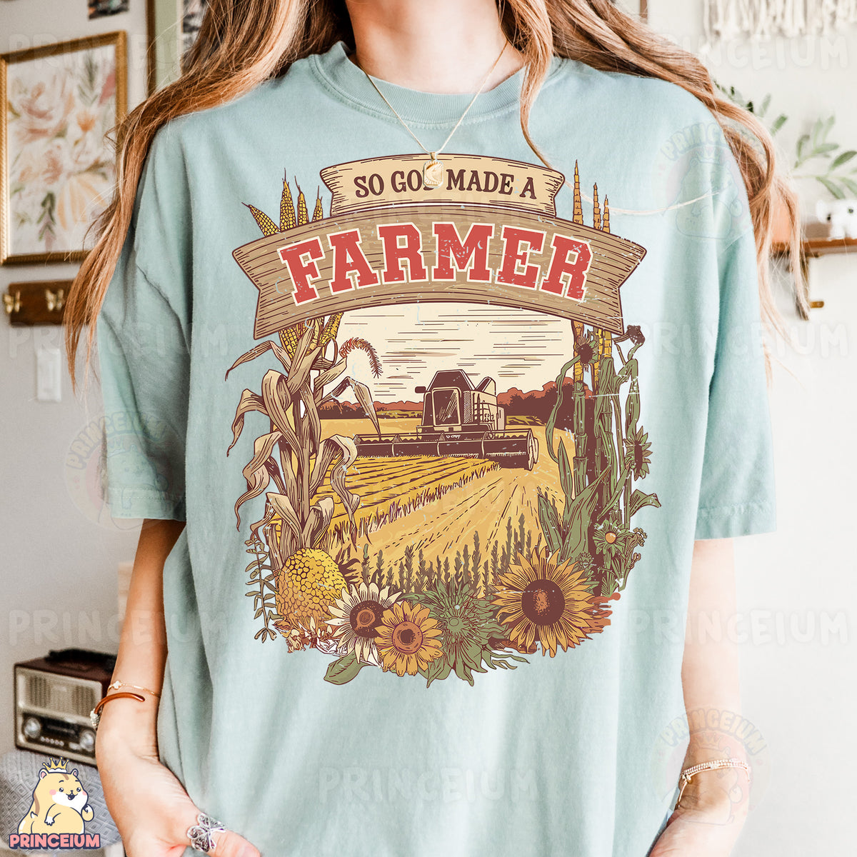 a woman wearing a t - shirt that says so go made a farmer