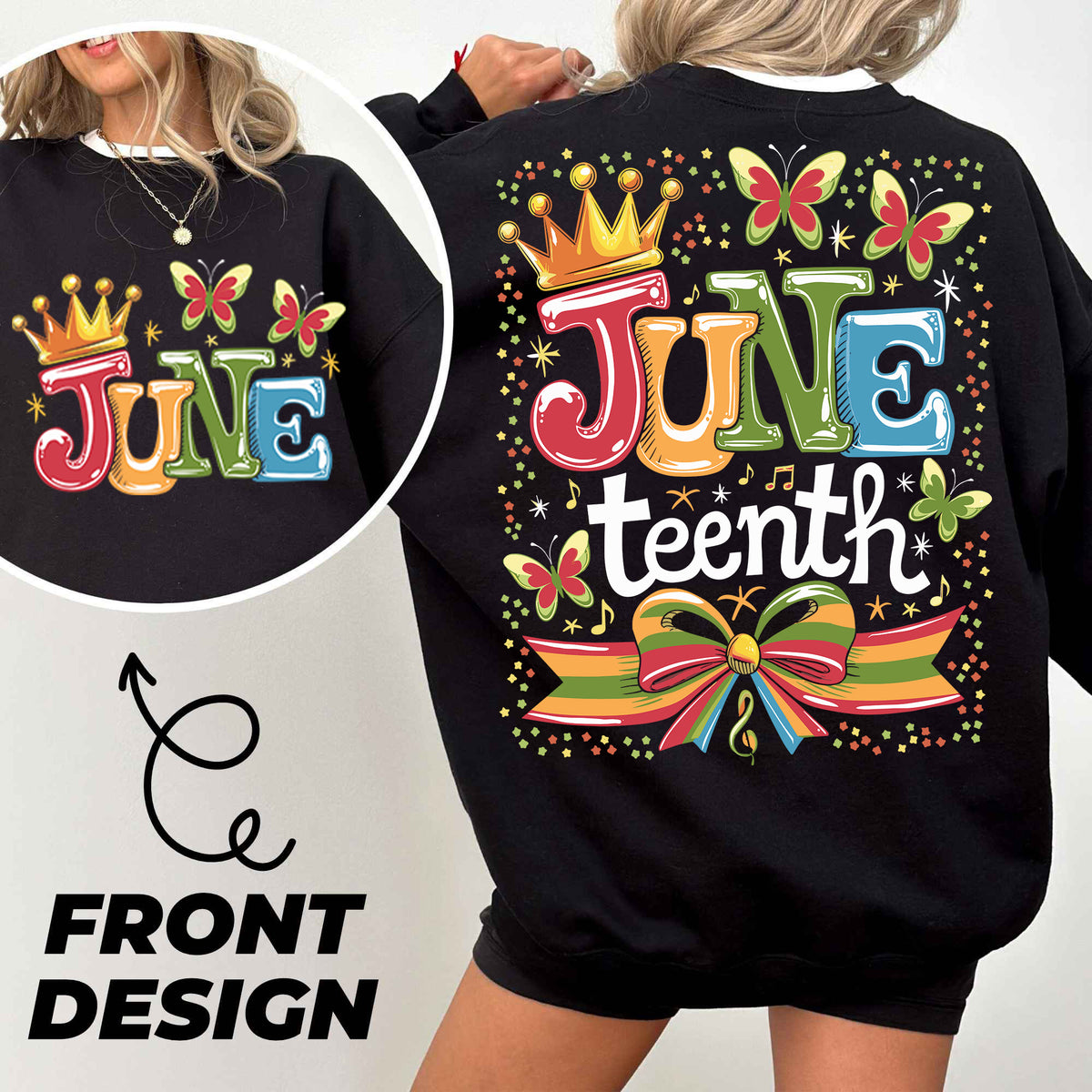 a woman wearing a black sweatshirt with the words june and a crown on it