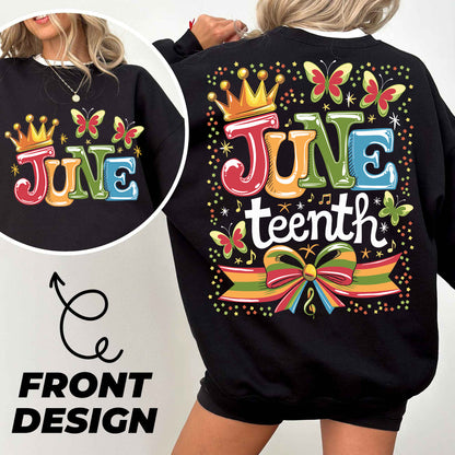 a woman wearing a black sweatshirt with the words june and a crown on it