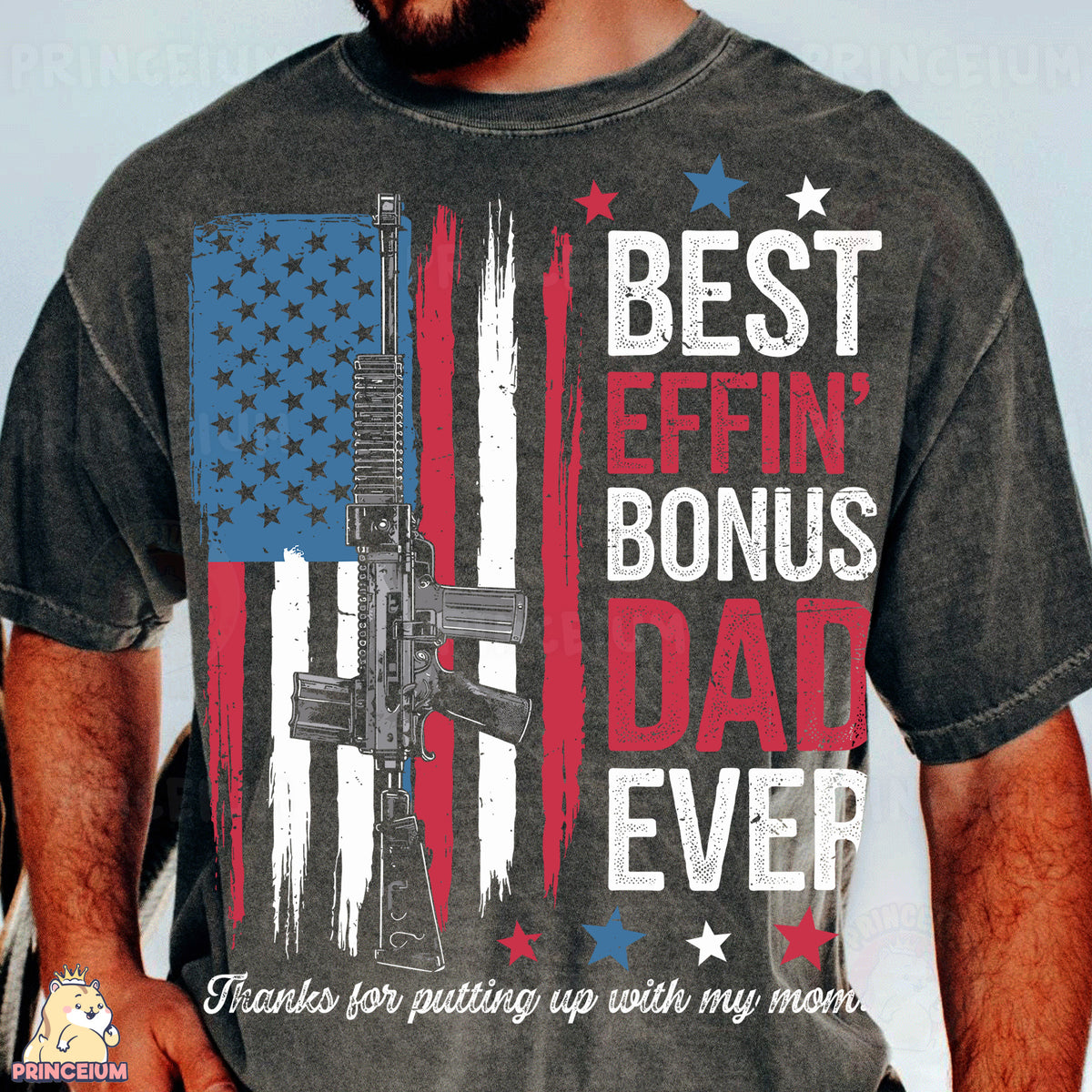 a man wearing a t - shirt with a gun on it