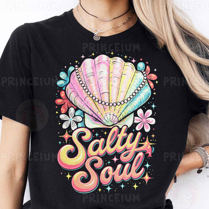 a woman wearing a black t - shirt with the words salty soul on it