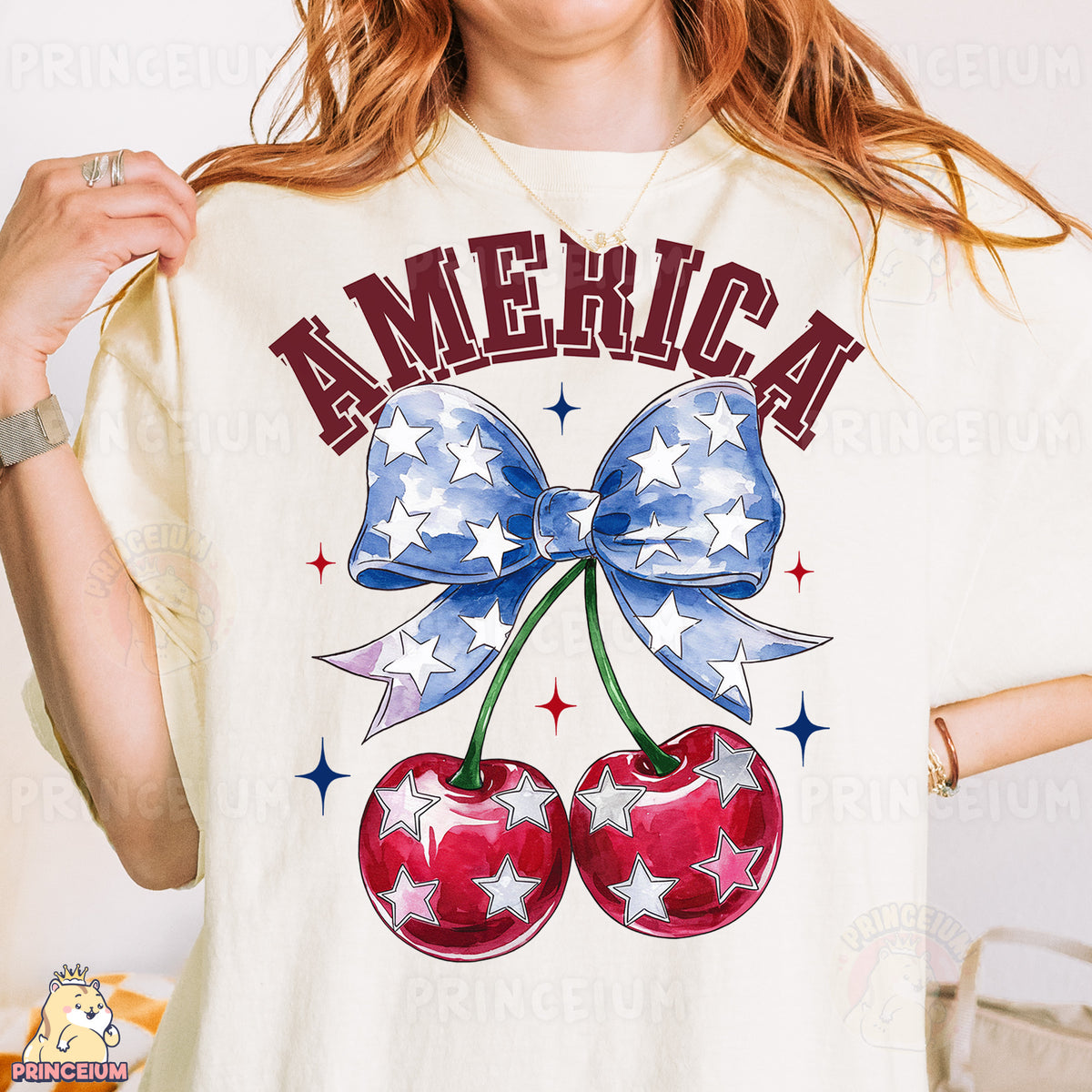 a woman wearing an american t - shirt with two cherries on it