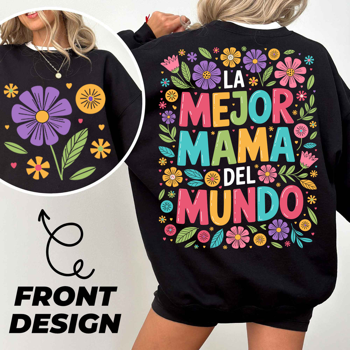 a woman wearing a black sweatshirt with colorful flowers on it