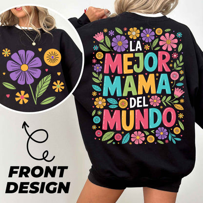 a woman wearing a black sweatshirt with colorful flowers on it
