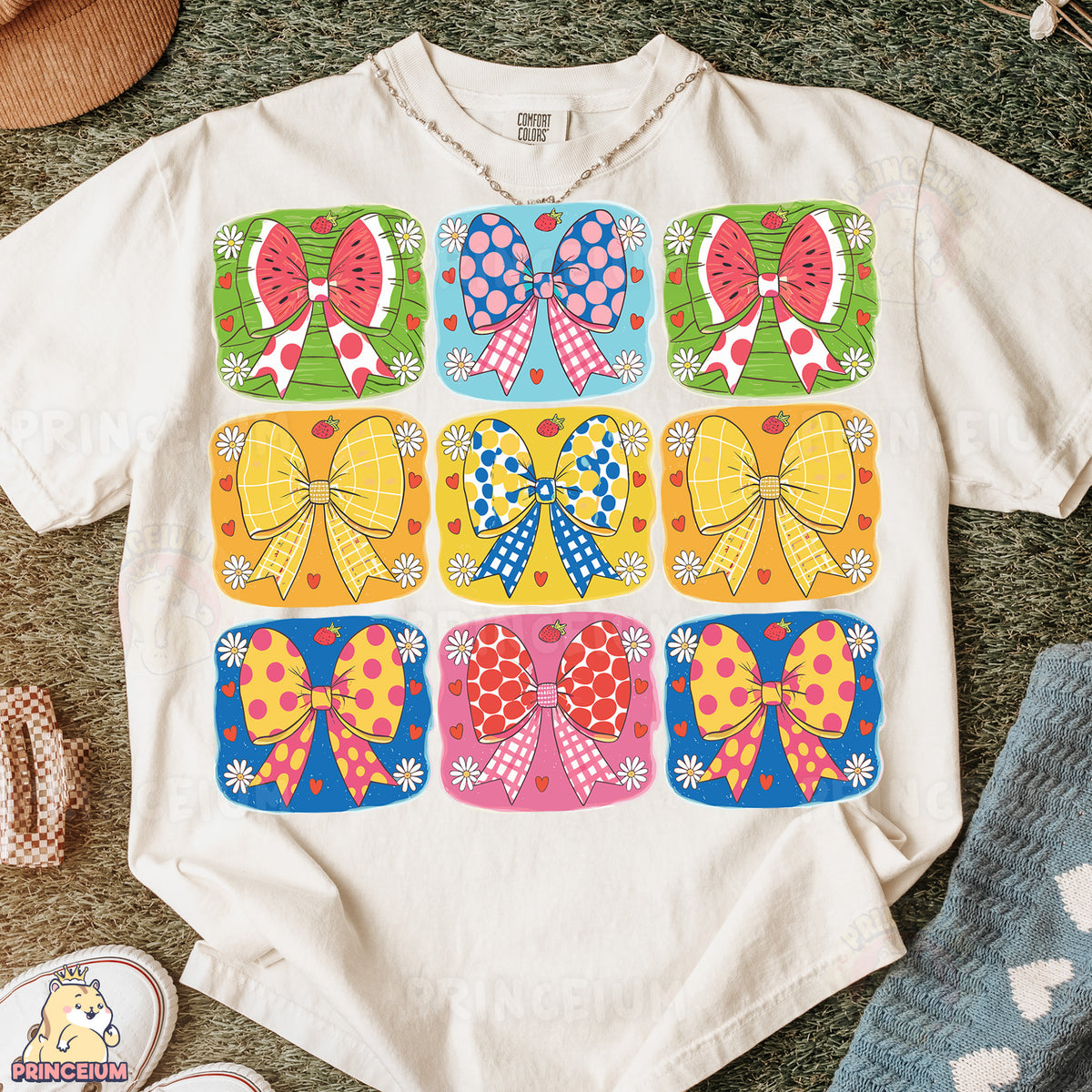 a t - shirt that has a bunch of bows on it