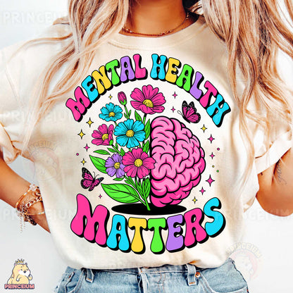 a woman wearing a t - shirt that says mental health matters