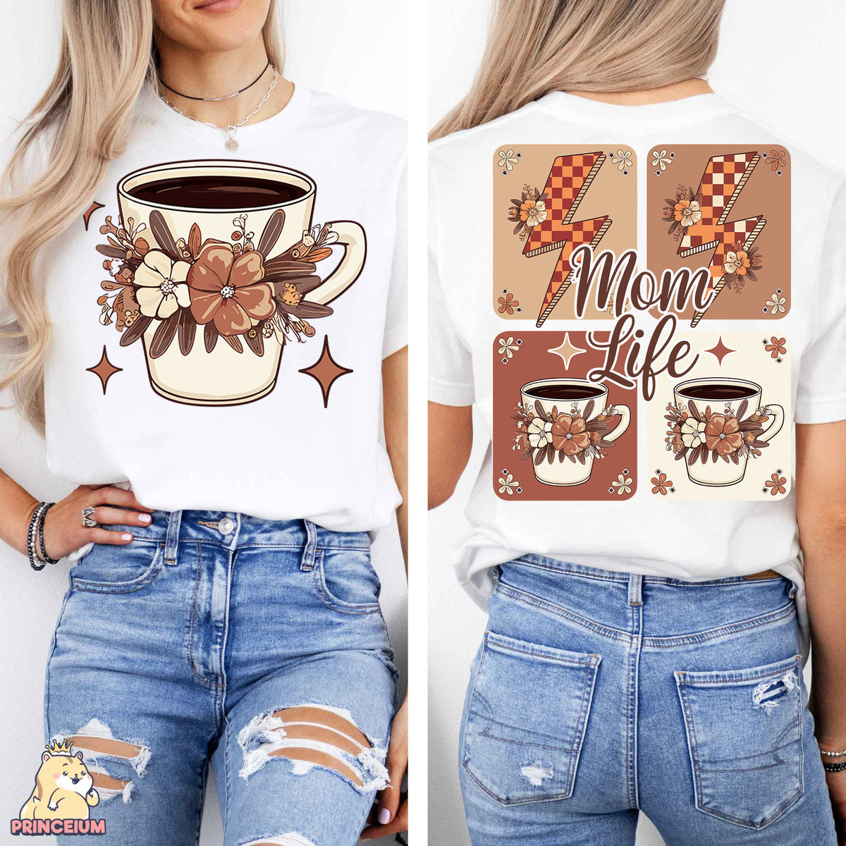 a woman wearing a mom life t - shirt and ripped jeans