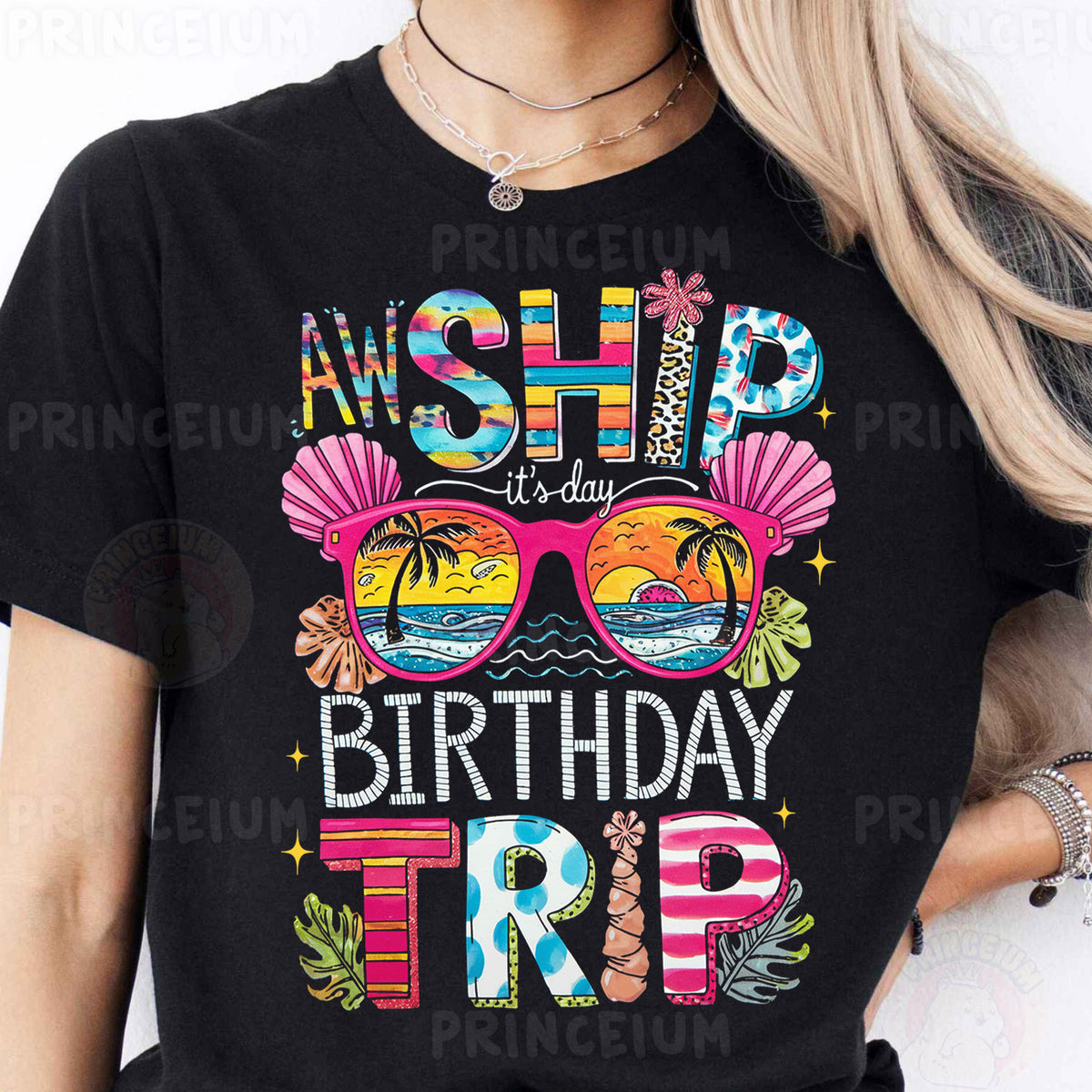 a woman wearing a black shirt with the words ship birthday trip on it