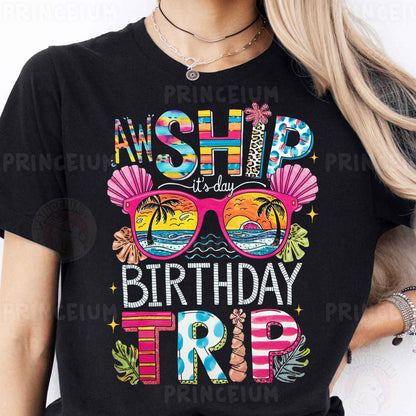 a woman wearing a black shirt with the words ship birthday trip on it
