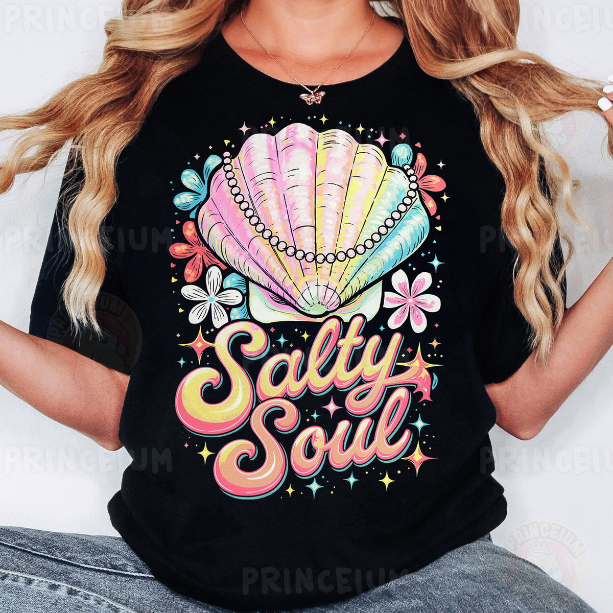 a woman wearing a black t - shirt that says salty soul