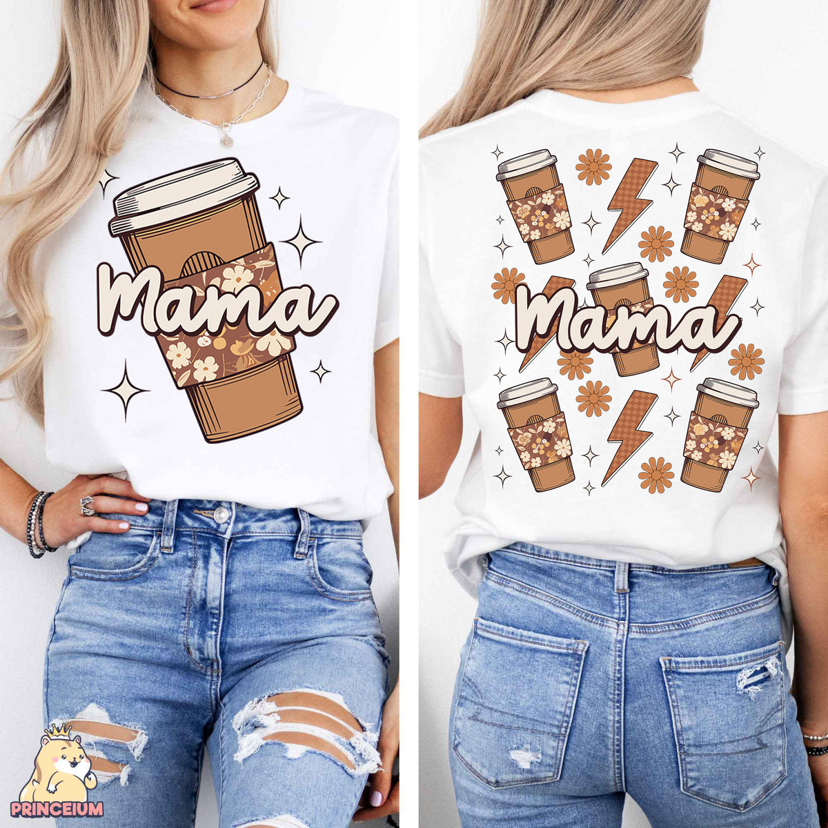 a woman wearing a white shirt with a coffee cup on it