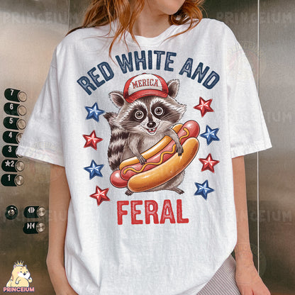 a woman wearing a red, white and blue shirt with a raccoon on