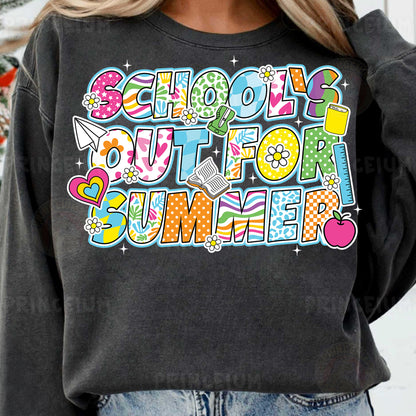 a woman wearing a sweatshirt that says school out for summer
