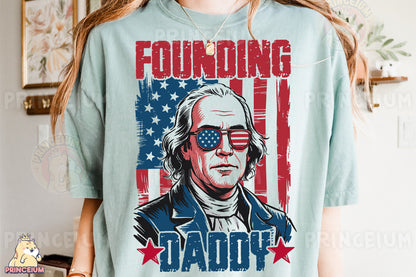 a woman wearing a t - shirt with an image of a man wearing sunglasses