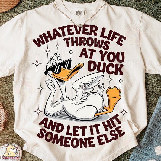 a white shirt with a duck wearing sunglasses