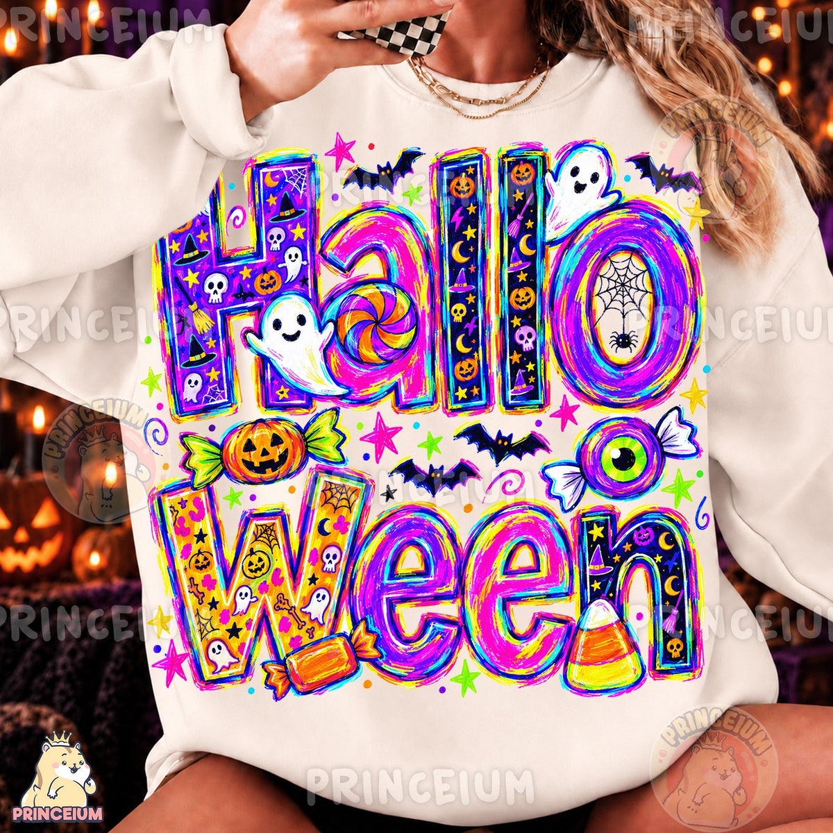 Neon Halloween Ghosts & Candy
