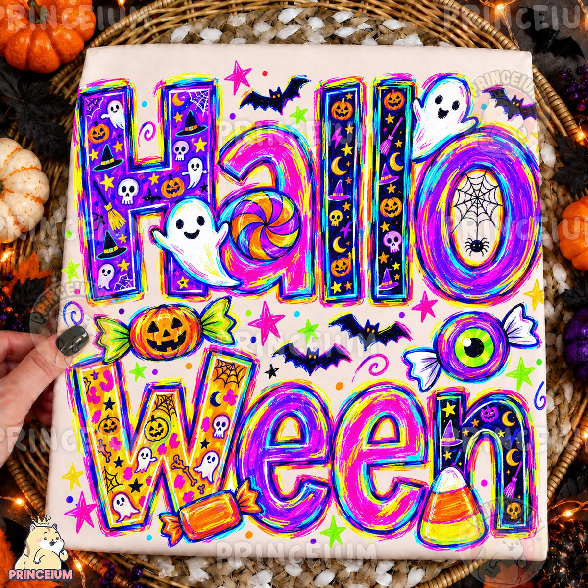 Neon Halloween Ghosts & Candy