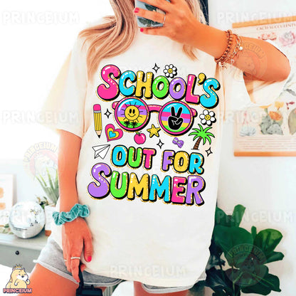 a woman taking a selfie wearing a school's out for summer t -