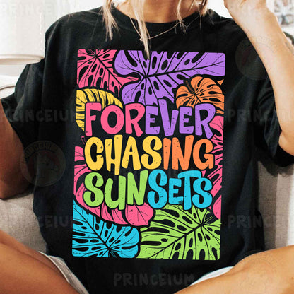 a woman sitting on a couch wearing a t - shirt that says forever chasing sunset