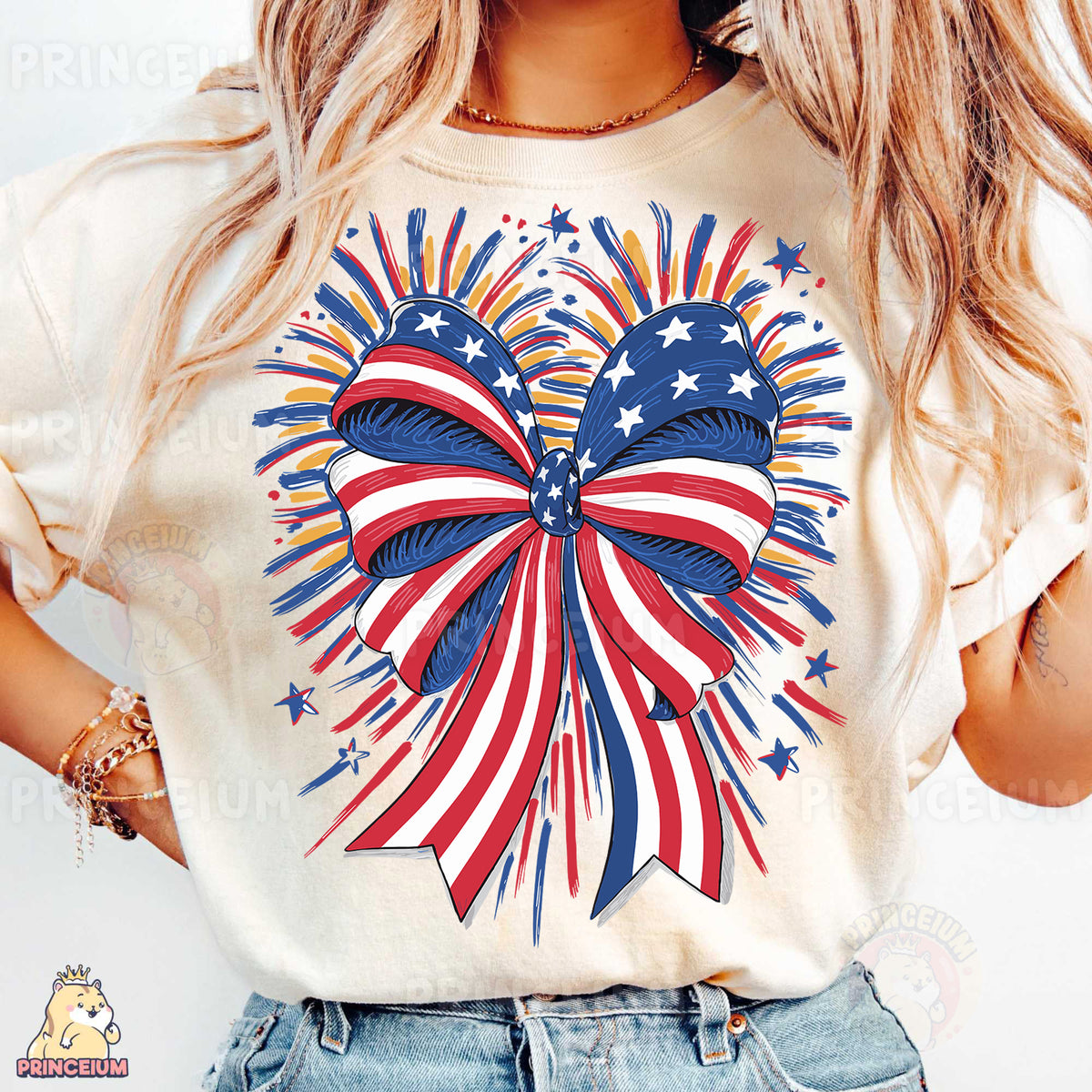 a woman wearing a patriotic t - shirt and denim shorts