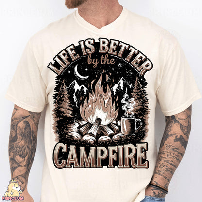 a man wearing a t - shirt that says life is better by the campfire
