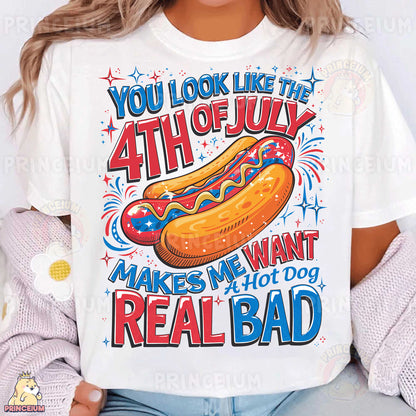 a woman wearing a white shirt with a hot dog on it