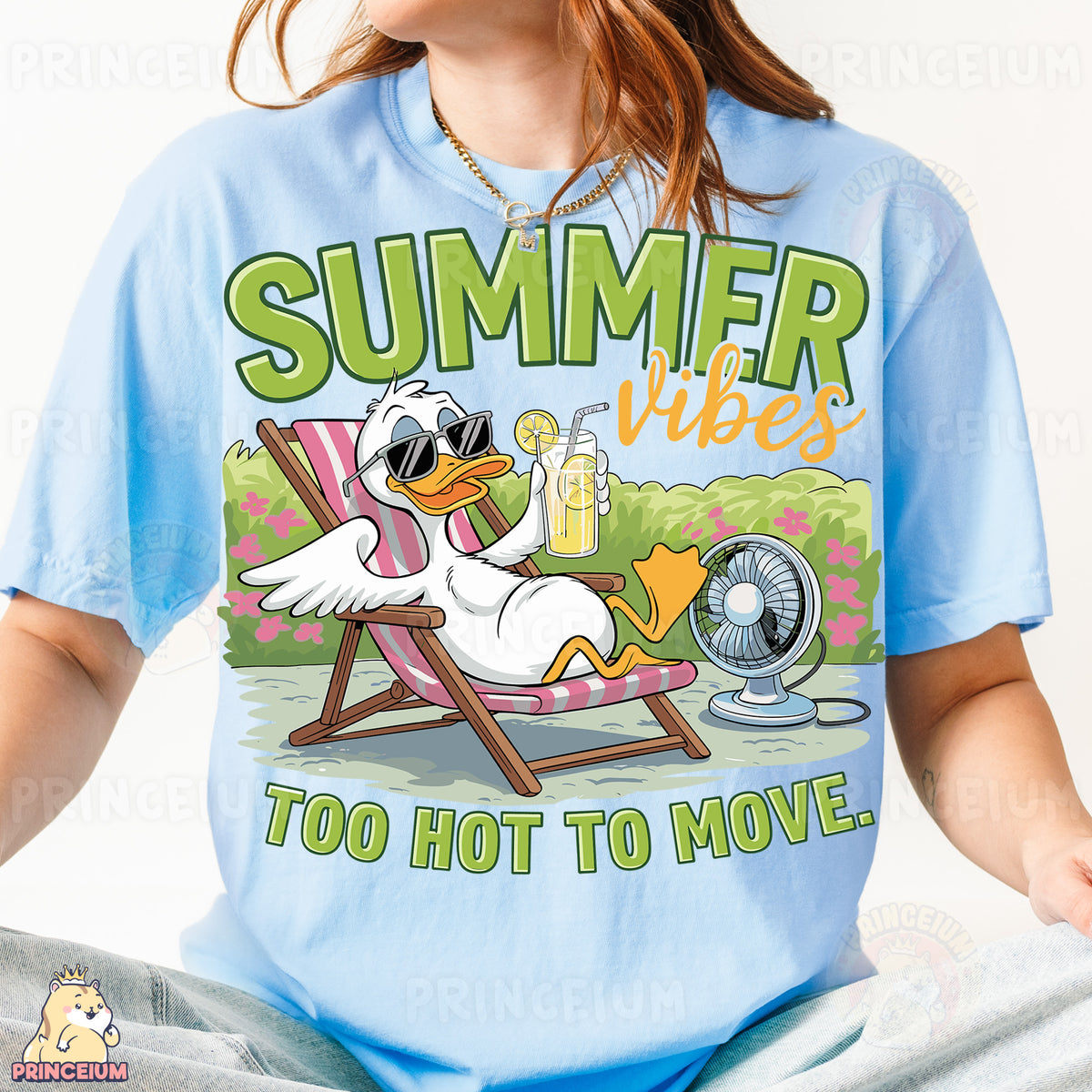 a woman wearing a blue shirt with a duck on it